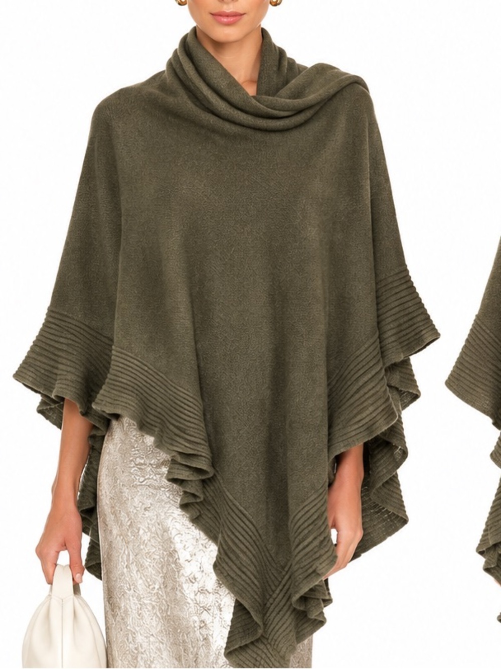 Ply Cashmere 100% Cashmere Olive Green Asymmetric Ruffle Wrap Poncho Shawl OS xl